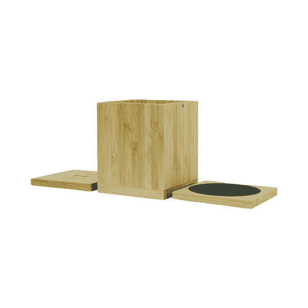 Oakline – Foldable Bamboo Fast Wireless Charging Pad (15W) with Mug Warmer & Pen Holder